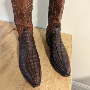 Lucchese Mens Caiman Cowboy Boot, Dark Brown upper with a light brown shaft